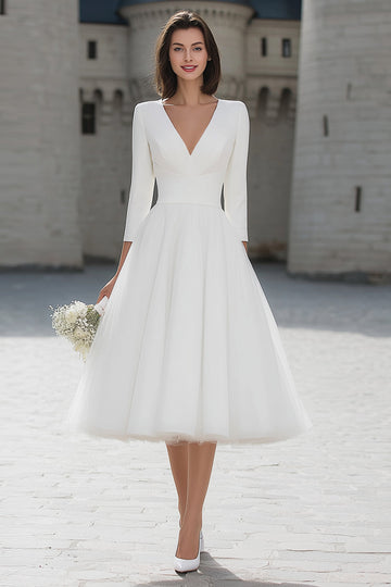 Ivory V-Neck A-Line Midi Engagement Dress With 3/4 Sleeves